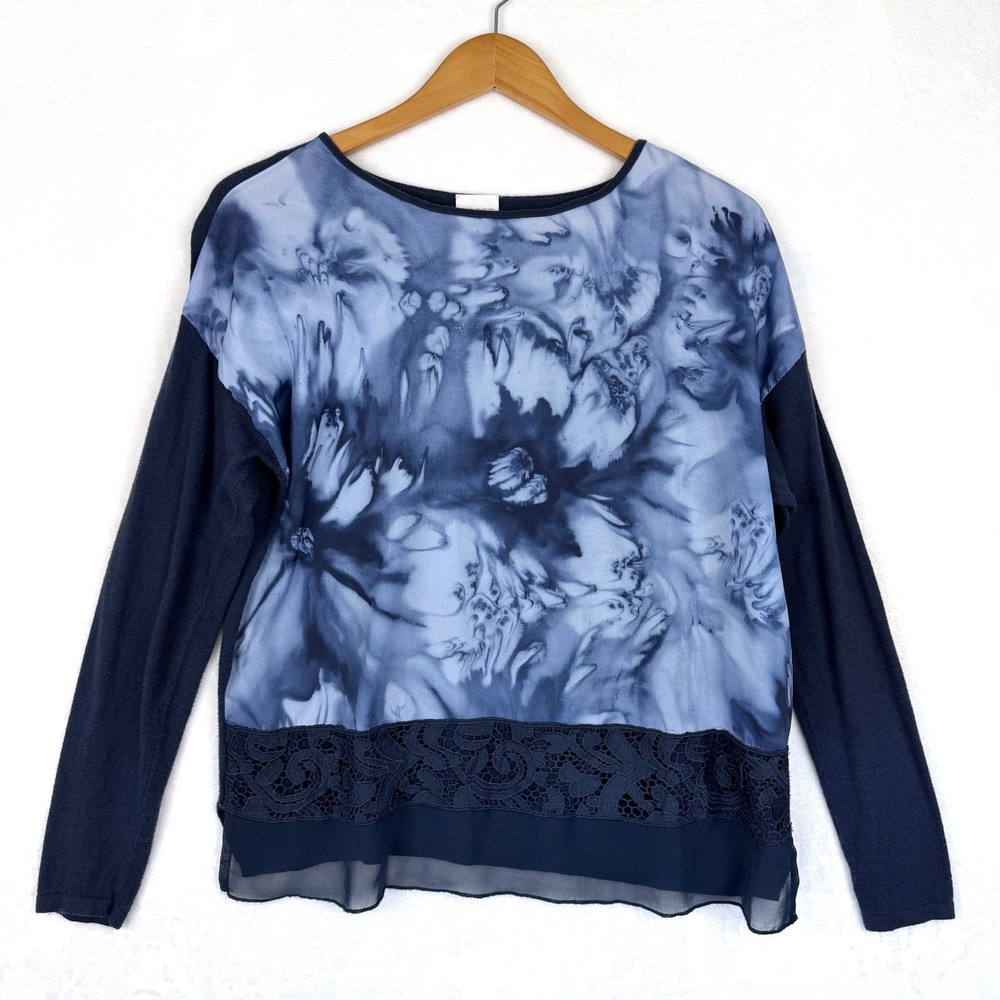 Chicos Blue Floral Tie Dye Mixed Media Lace Trim Sweater Top Size 1 Medium